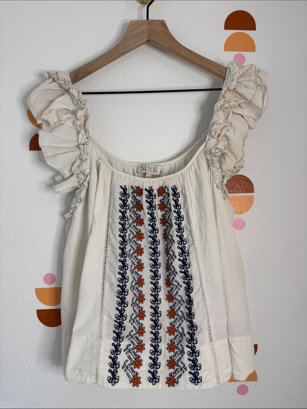 MinkPink MNK Embroidered Boho Ruffle Sleeve Peasant Top Size M N0187